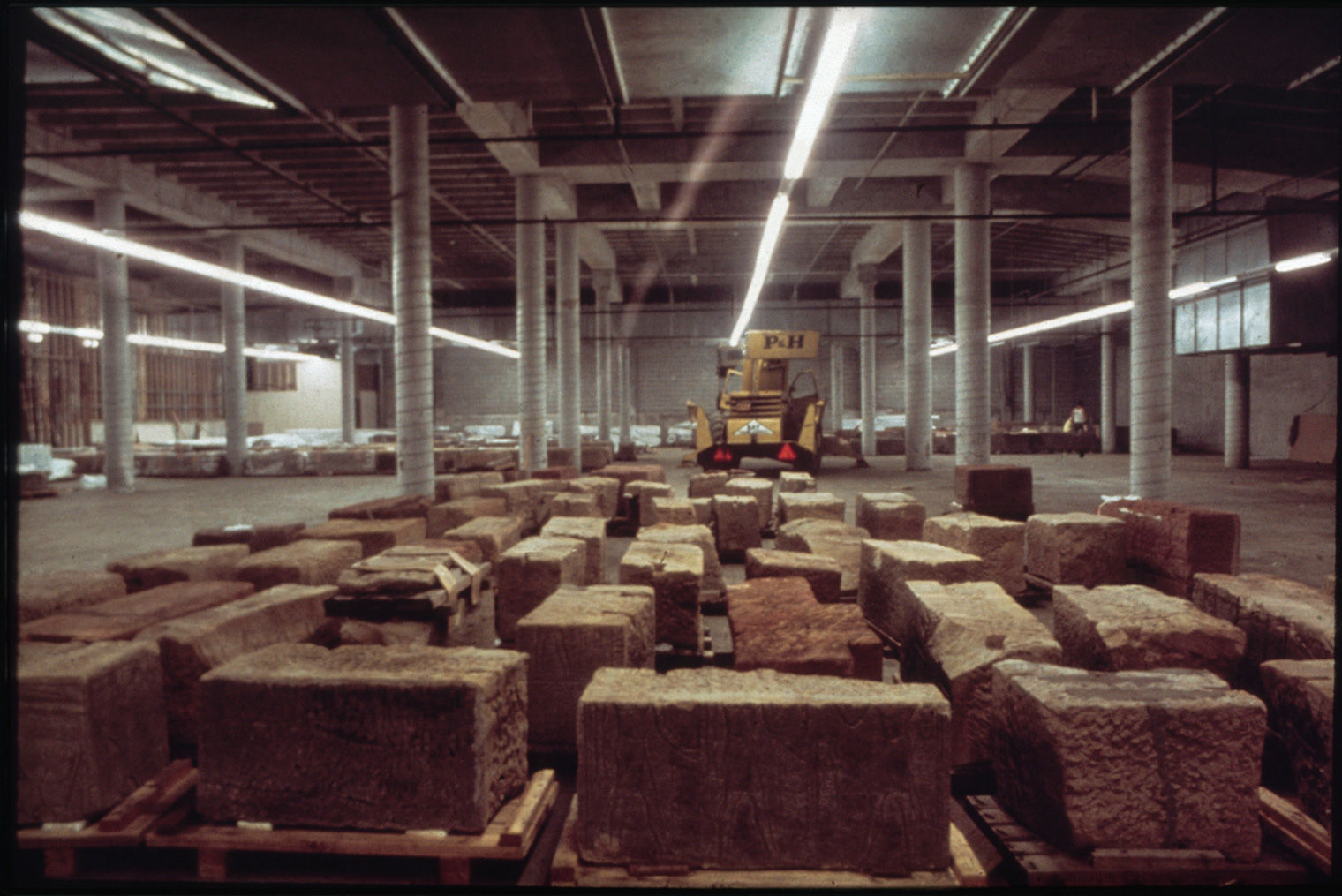 Temple blocks in storage in the Museum's North Parking Garage prior to conservation treatment, early 1970s.