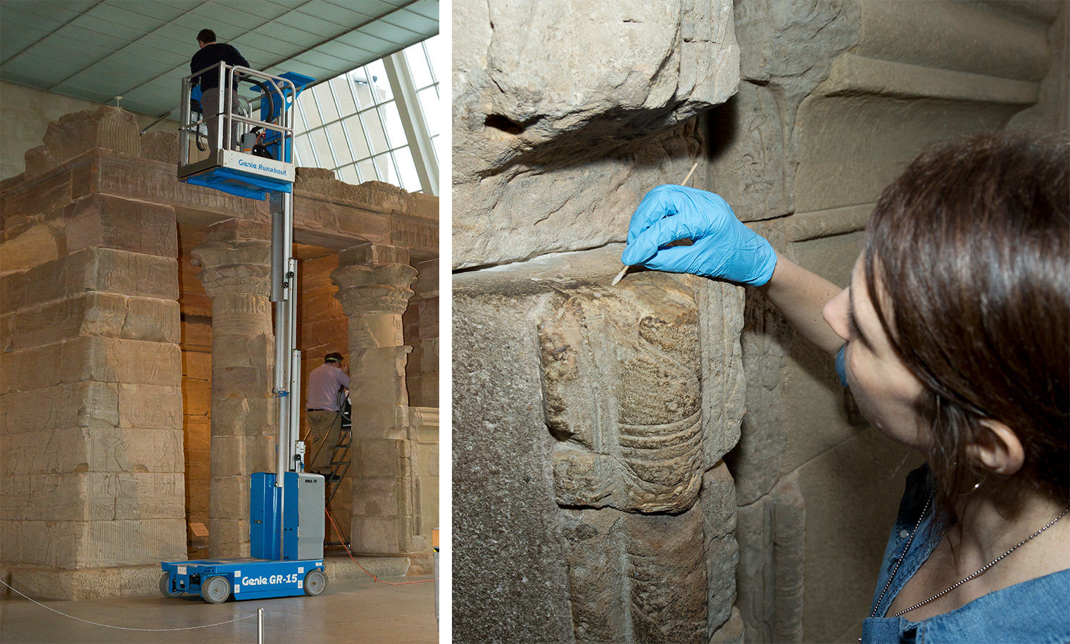 A composite image. On the left, a man is elevated on a lift outside the temple and another is on a ladder inside the temple. They are using soft brushes and low power vacuums. On the right, a woman with dark hair and blue plastic gloves is cleaning grime from small crevices in the temple walls.