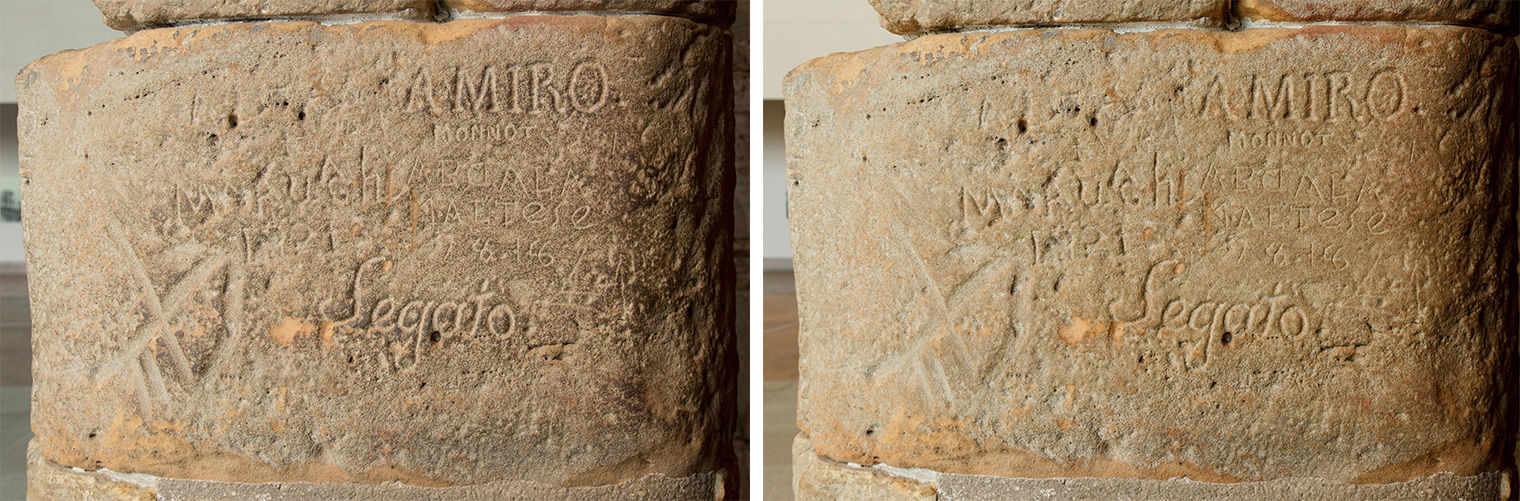 A composite image of The doorway block with 19th-century graffiti, before (left) and after (right) cleaning. The graffiti says "Amiro" and "Segato."