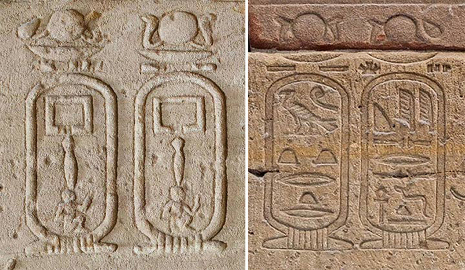 A composite of two images. On the Left: Two cartouches reading "Pharaoh" in raised relief. On the Right: Two cartouches calling Augustus Autokrator (the Greek word for "Emperor," on the left) and Kaisaros (the Greek version of the title "Caesar," on the right), in sunk relief