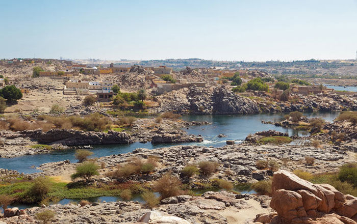 A landscape view of the First Cataract at Aswan in Egypt