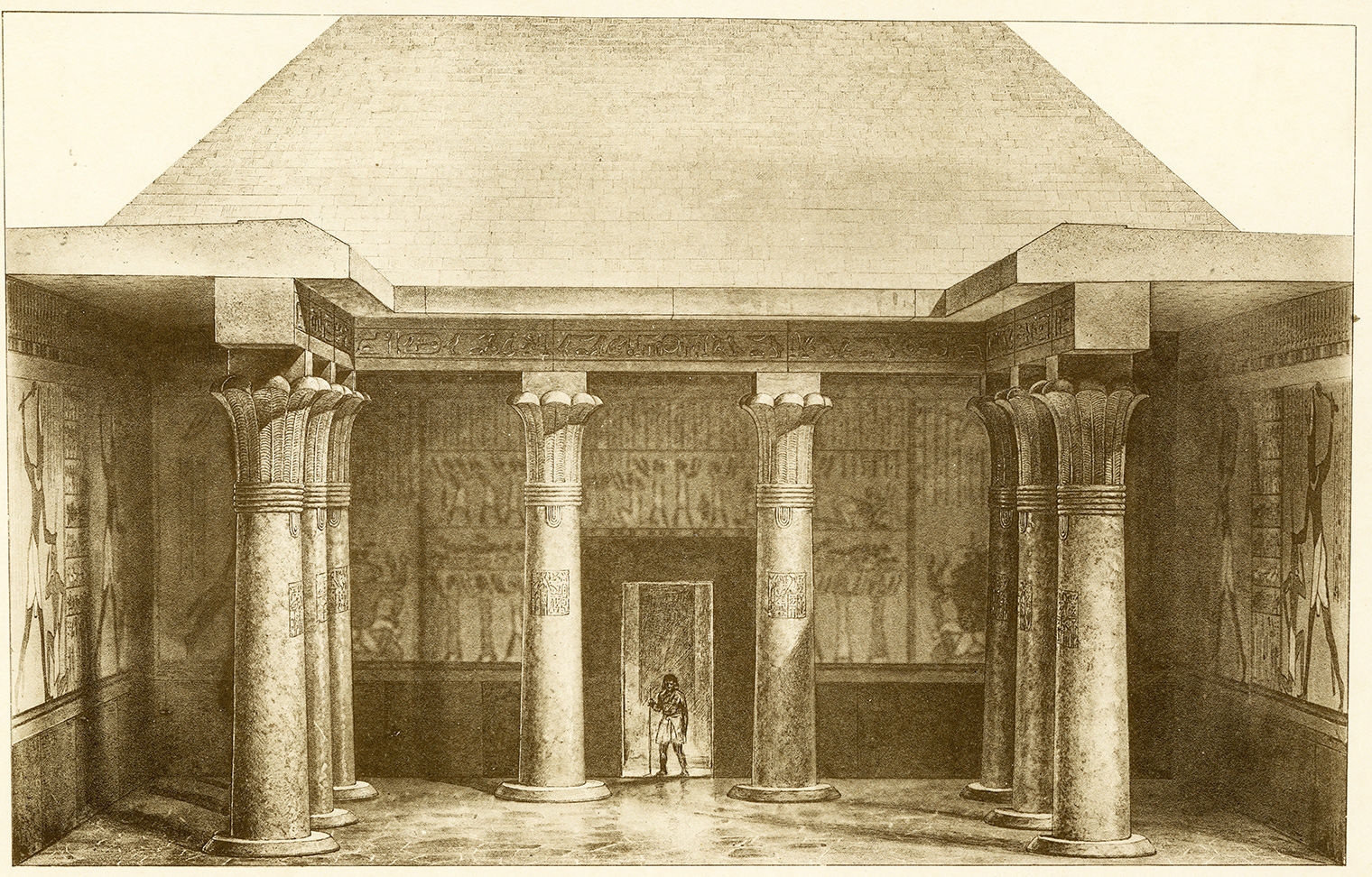 Sepia painting reconstructing the interior of a temple with columns and decorated walls, with part of a pyramid visible in the background.