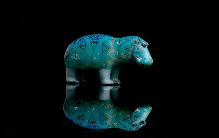 Little blue hippo with reflection on a shiny black surface