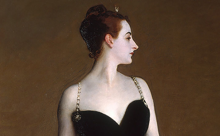 Detail of painting of a woman in a low-cut black dress standing tall and looking off to the side.