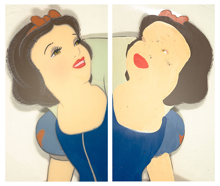 A detail of the front and back of a drawing of Snow White.