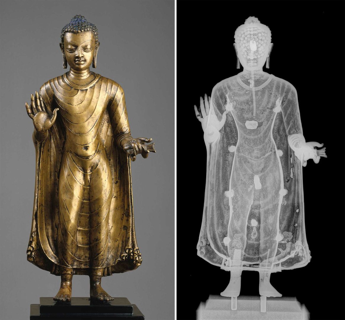 On the left, the bronze statue of Buddha; on the right, an x-ray of the same statue
