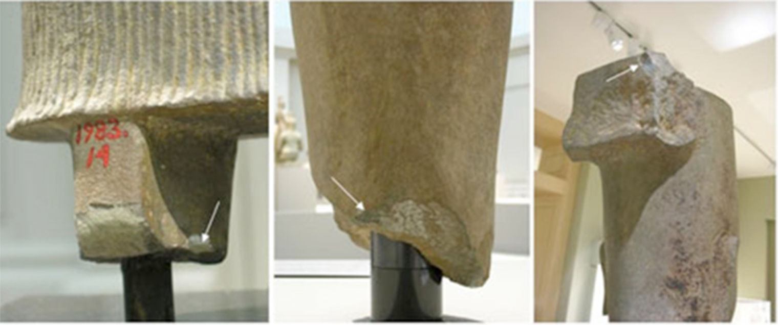 Examples of sample location on sculptures from The Metropolitan Museum of Art collection (white arrows).