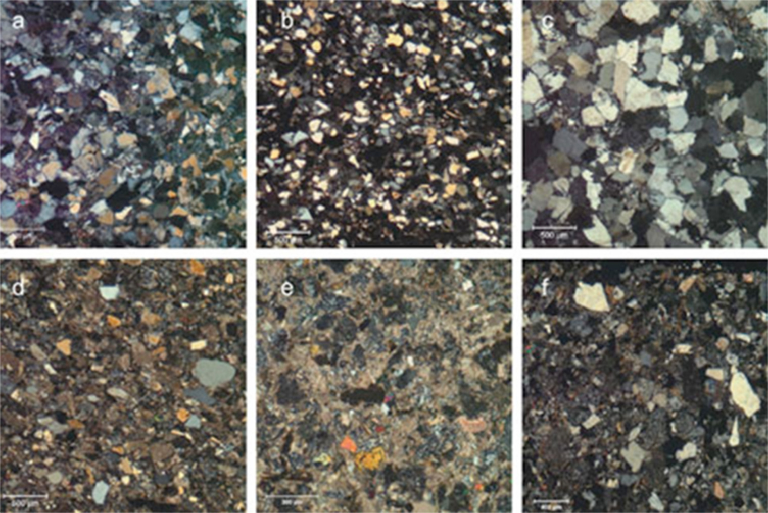Micrographs (crossed polars) showing overall composition and texture of: a) feldspathic arenite; b) and c) fine and medium quartz arenite; d) and e) graywacke rich in rock fragments showing different amount of calcite cement; and f) graywacke rich in volcanic rock fragments.