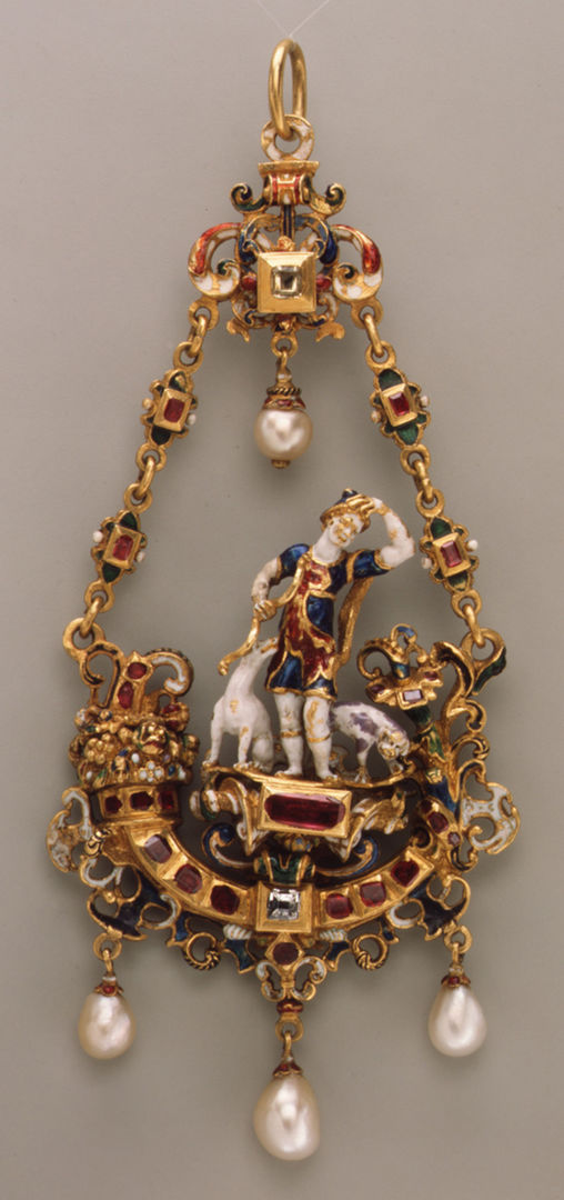 Pendant, Hunter with Hounds, possibly German, ca. 1600. Gold, enamel, pearls, diamonds and rubies. 