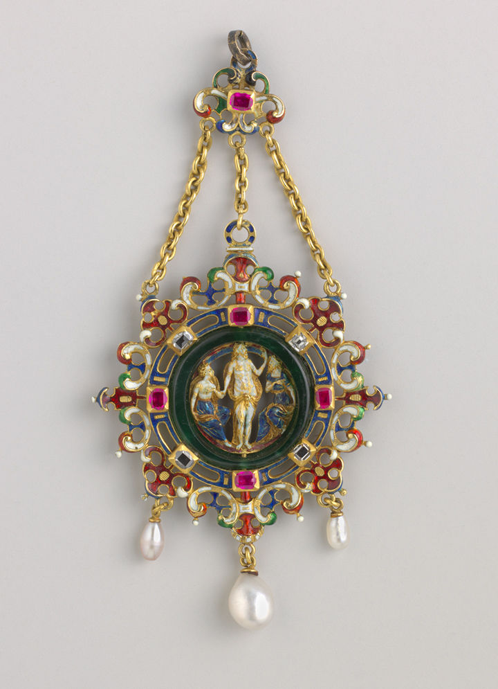 Pendant, 16th century, with 19th-century additions. Frame from a design by Reinhold Vasters. German or French. Gold, enamel, green quartz, rubies, diamonds, pearls. 