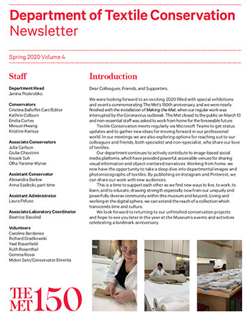 Cover of the Spring 2020 Textile Conservation newsletter