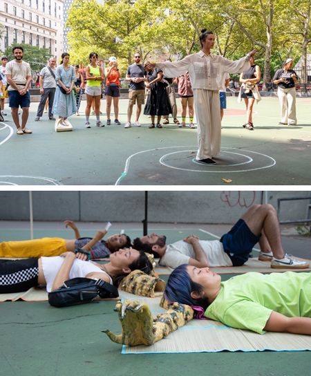 Composite images of event participants gathered in a city park for a qigong movement workshop.