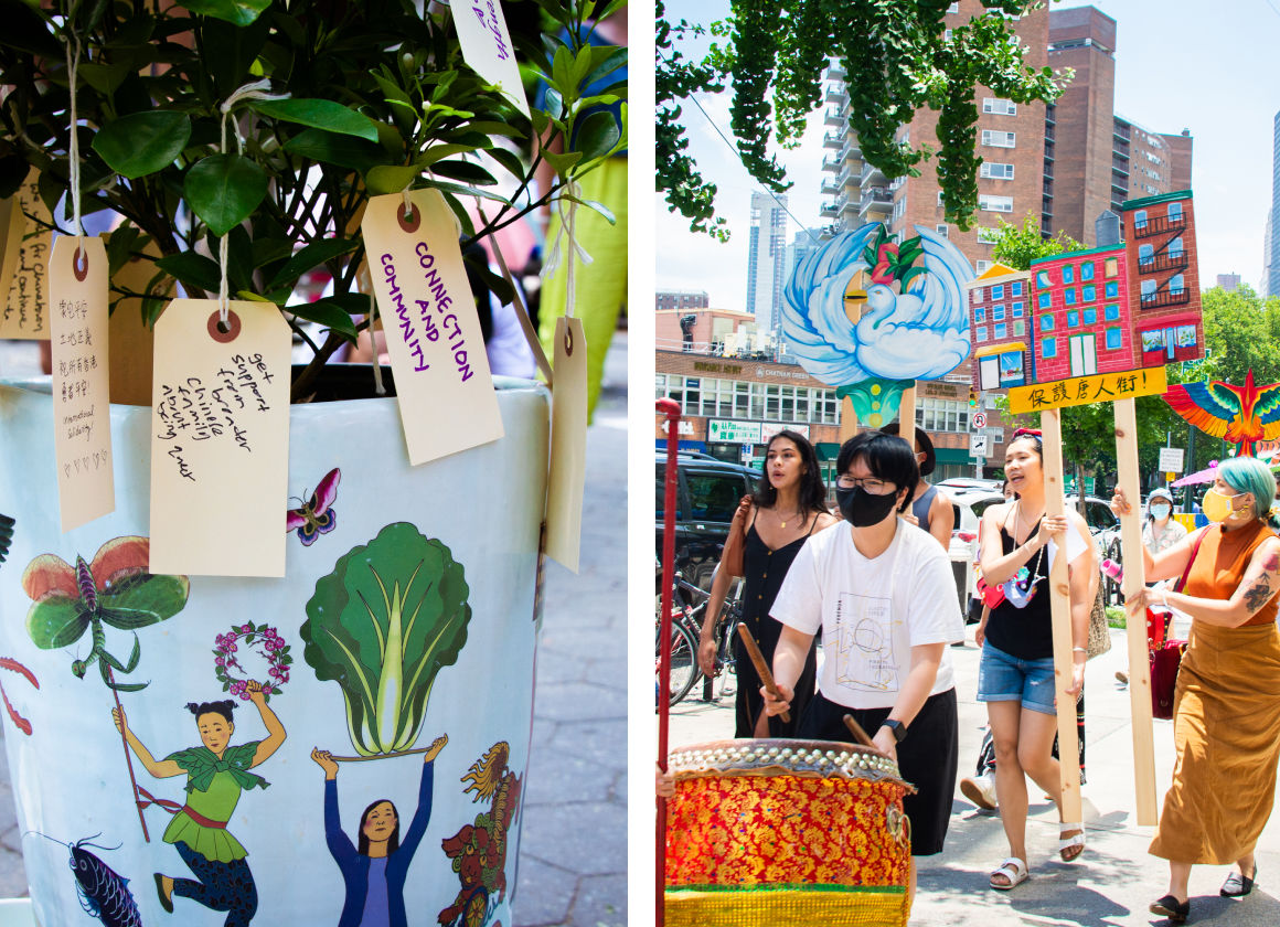 Composite image documenting a parade of Asian women through Chinatown and a ritual ceramic vessel with plants adorned with note cards of hand-written wishes.