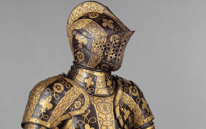 Armor garniture of George Clifford made from steel, gold, leather, and textile