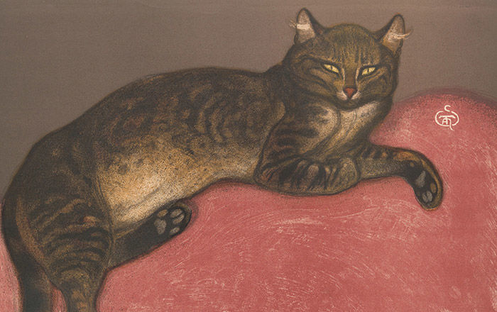 Painting of a cat reclining on a red cushion