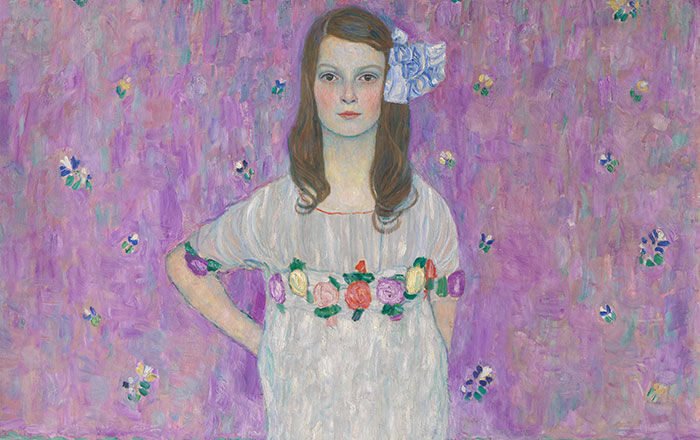 Detail of a painting of a girl standing against a purple background with a floral motif, by Gustav Klimt