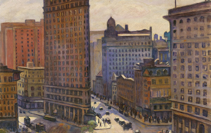 Detail of an oil painting by Samuel Halpert of the Flatiron building in New York City