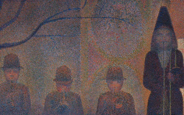 Nocturnal painting by Georges Seurat depicting a circus sideshow