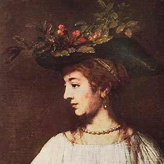Rembrandt van Rijn (Dutch 1606–1669), <em>Flora</em> (detail), ca. 1654. Oil on canvas. Image of the Roman goddess Flora, depicted as a woman with long brown hair; wearing a white frock, bead necklace, and a large hat decorated with flowers and greenery