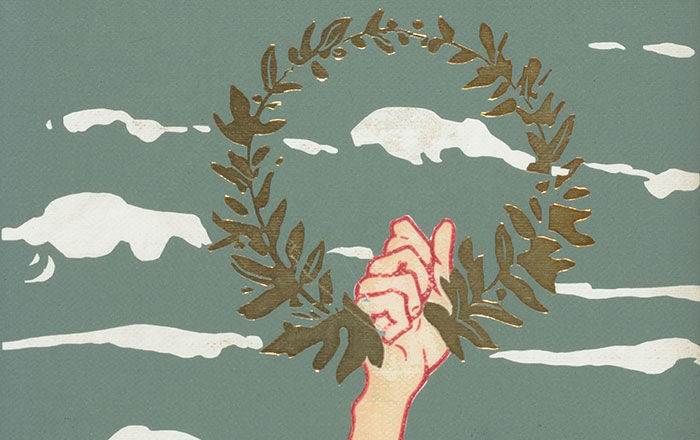 Detail of a book cover illustration depicting a hand holding a laurel wreath