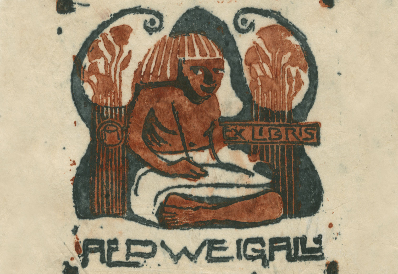 A hand-painted bookplate with an Egyptian design above the name AEP Weigall