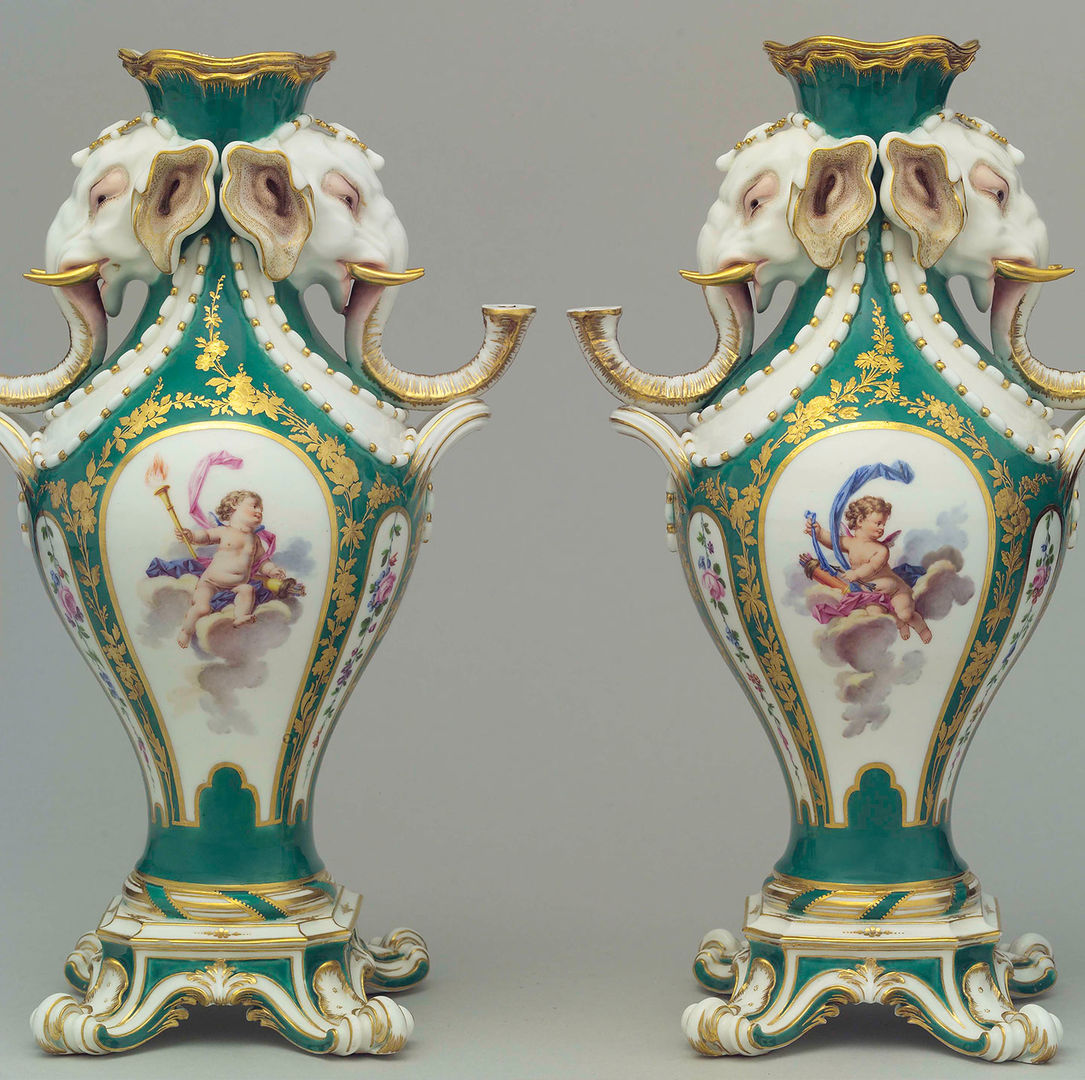 Elephant-head vase (vase à tête d'éléphant), ca. 1756–62. Sèvres Manufactory (French, 1740–present); designed by Jean-Claude Duplessis (ca. 1695–1774, active 1748–74). French, Sèvres. Soft-paste porcelain; H. 15 in. (38.1 cm). The Metropolitan Museum of Art, New York, Gift of Mr. and Mrs. Charles Wrightsman, 1983 (1983.185.9)