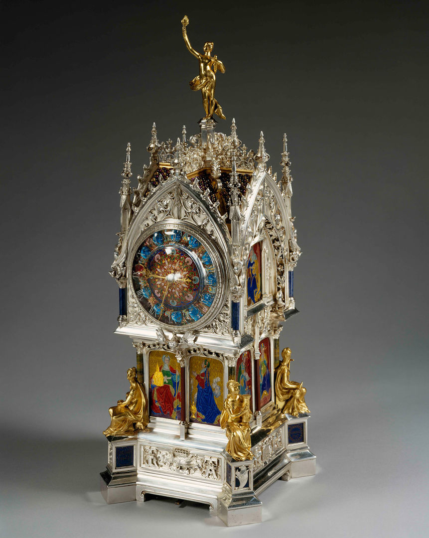 Clock, 1881. Case and enamel design by Lucien Falize (French, 1839–1897); Clockmaker: Firm of Le Roy et Fils (1828–1898); Case maker: Bapst and Falize; Sculpture by Léon Chédeville (died 1883). French, Paris. Silver, gold, semi-precious stones, amethysts, enamel, diamonds; H.: 17 3/4 in. (45.1 cm). The Metropolitan Museum of Art, New York, Purchase, Mrs. Charles Wrightsman Gift, 1991 (1991.113a–f)