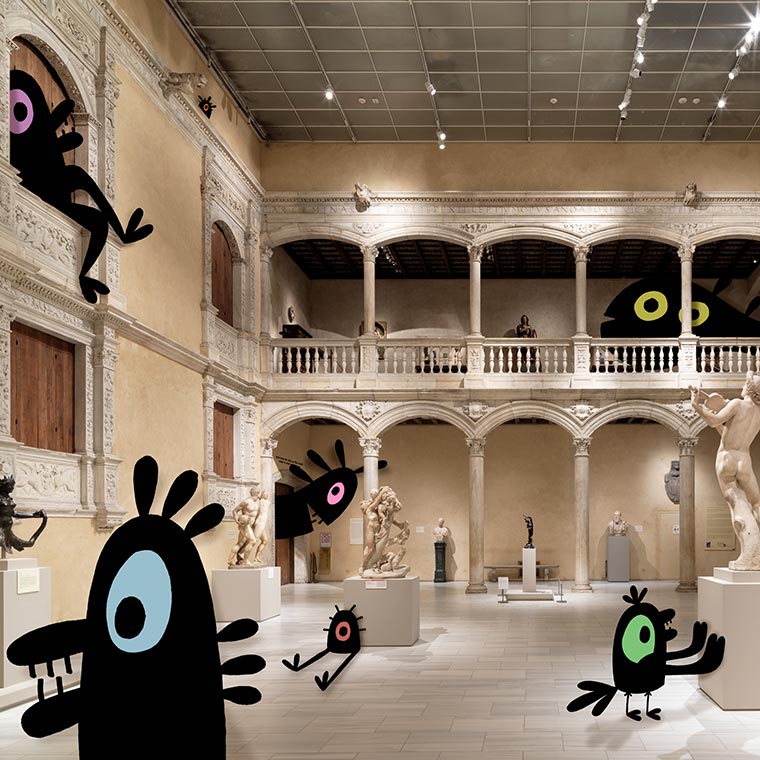 A photograph of the two-story patio of the Velez Blanco castle, which was originally in Spain but was relocated to The Met. The room, which is scattered with sculptures of people and natural creatures on plinths, is illustrated with simple quirky black cartoon characters scattered throughout the image looking at the art.