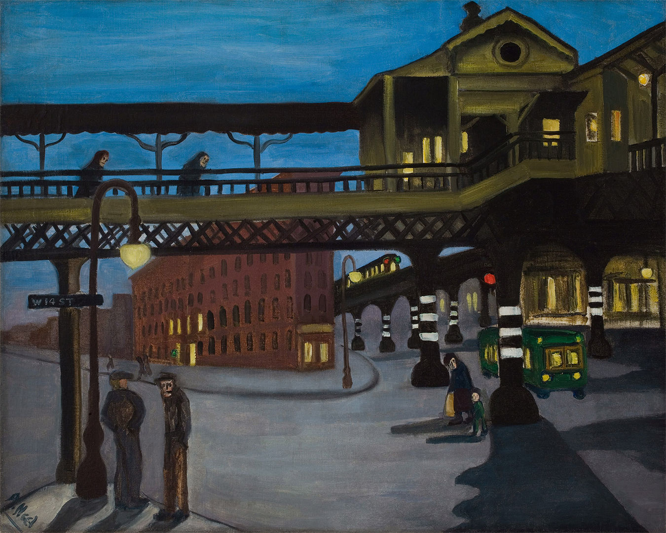 A painting of a city scene beneath an elevated train