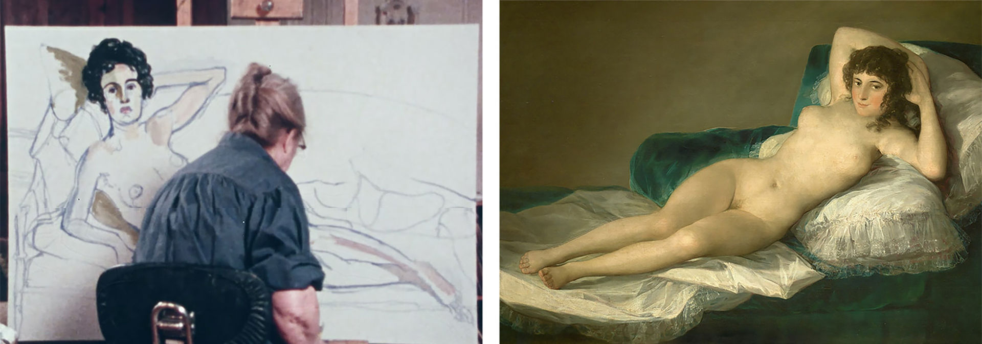 Left: Alice Neel works on a canvas of a woman reclining. Right: A portrait of a nude woman reclining on a sofa
