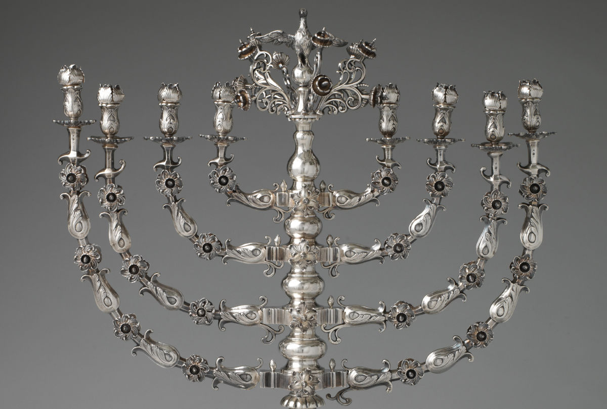 Ornate, silver menorah