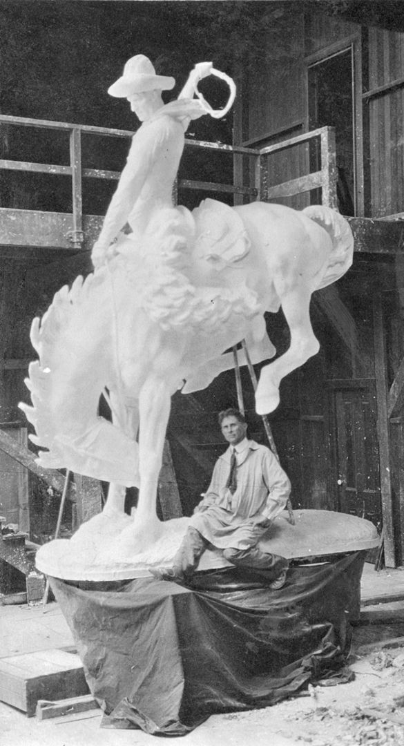 Proctor with His Monumental Plaster 'Broncho Buster,' 1919