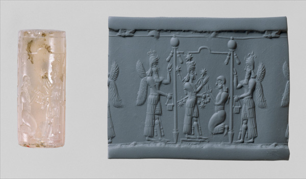 Cylinder seal: Ishtar image and a worshiper below a canopy flanked by winged genies