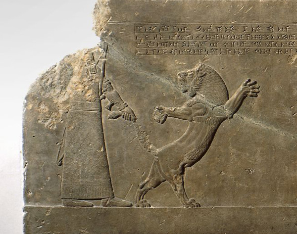 Gypsum alabaster relief showing a lion hunt (detail)