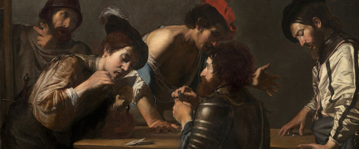 Detail view of a Valentin de Boulogne painting showing a group of five soldiers playing a game involving cards and dice
