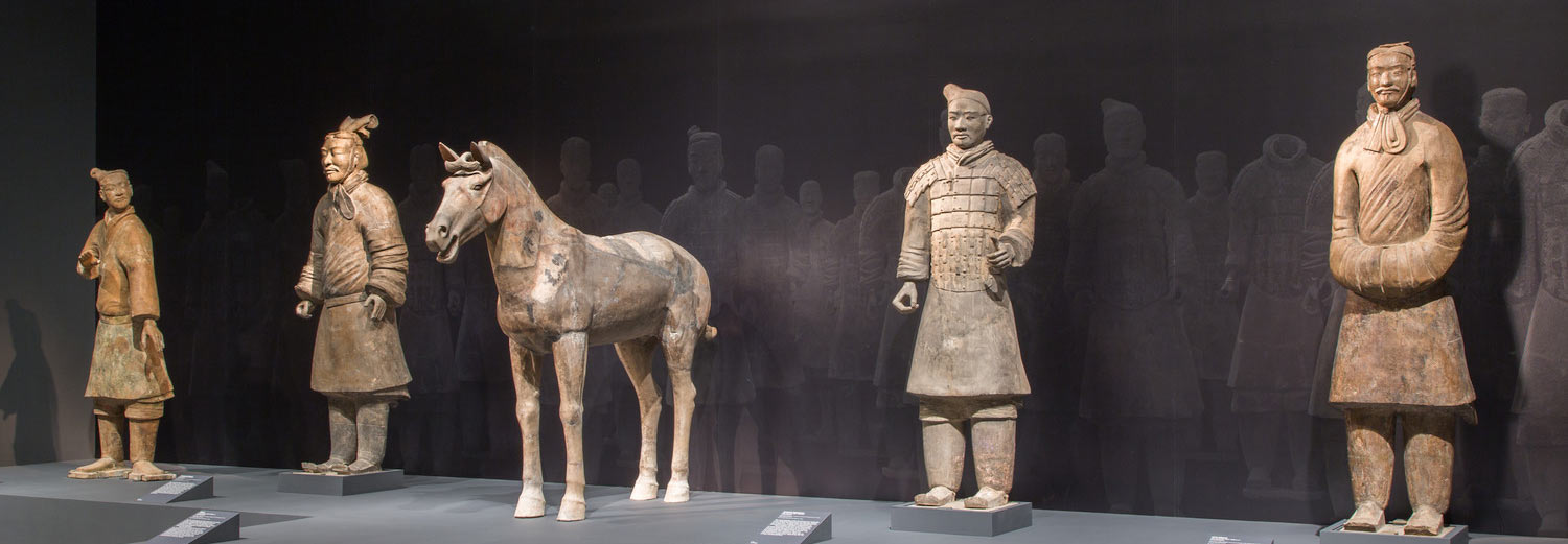 Four lifesized terracotta warriors and a horse