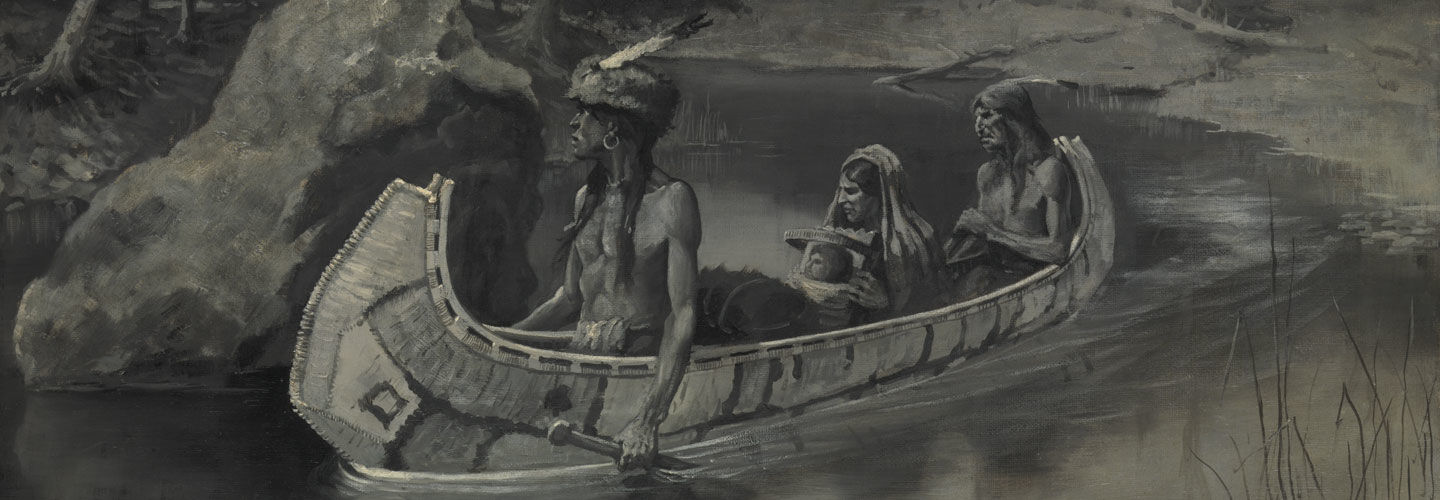Detail of a painting depicting three Native Americans navigating a river in a canoe