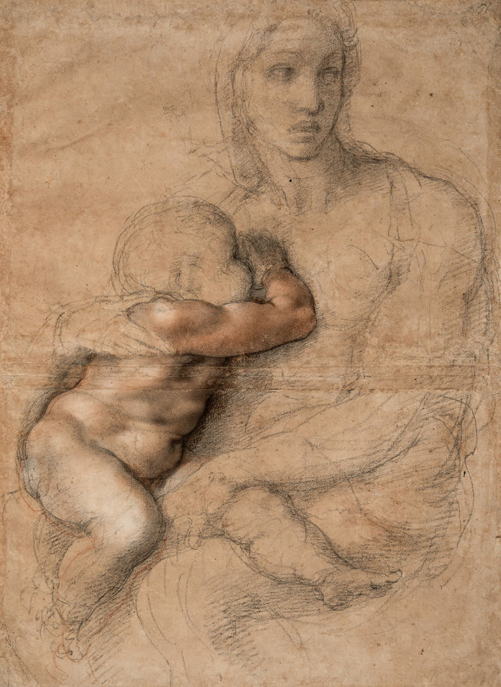 'Unfinished cartoon for a Madonna and Child' by Michelangelo, depicting a seated woman nursing a child