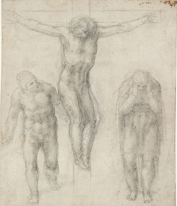 'The Crucifixion (recto); Study for the crucified Christ (verso)' by Michelangelo, depicting a central figure with arms nailed to a cross, with two additional figures standing on either side of him, one holding her head in her hands