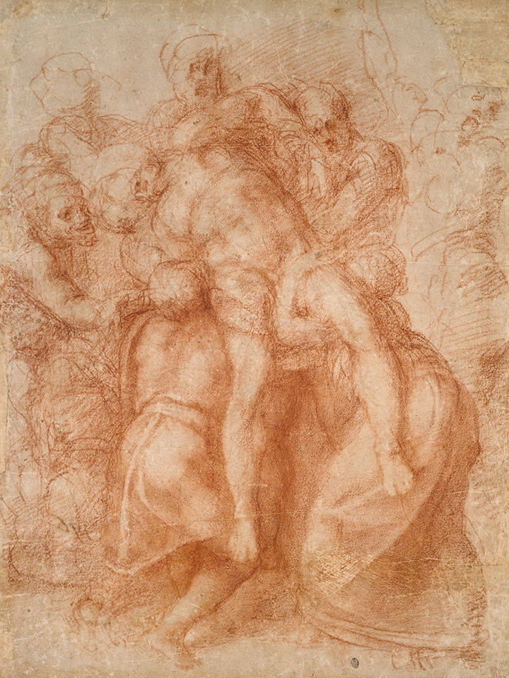 'The Descent from the Cross (or Entombment)' by Michelangelo, depicting a supine male figure being help up by a group of people