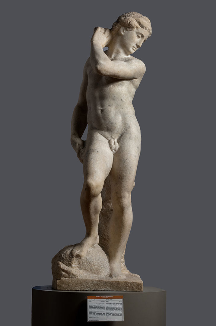'David-Apollo' by Michelangelo, depicting a standing male figure with one foot stepping up on a rock