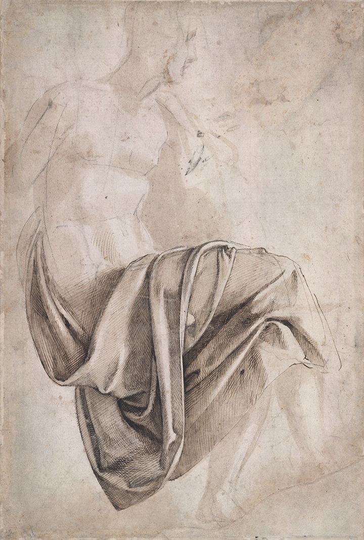 'Drapery Study for the Erythraean Sibyl for the Sistine Ceiling (recto); Figure study (verso)' by Michelangelo, depicting a seated figure with fabric draped over its lap