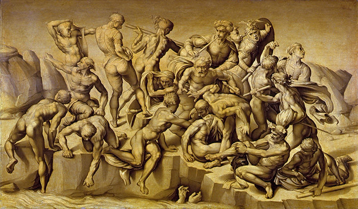 'The Battle of Cascina' by Aristotile da Sangallo, depicting a group of figures in battle on an outcropping of rocks above a river