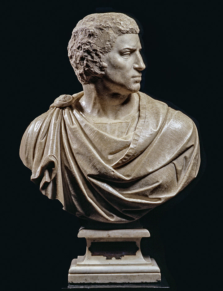 'Brutus' by Michelangelo, depicting the bust of a man, his head turned to the left, and his shoulders draped with fabric