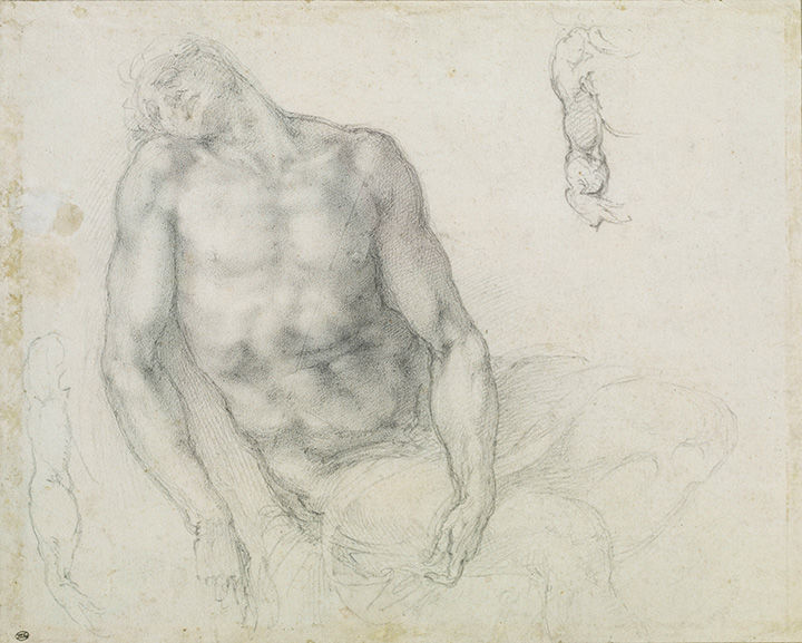 'Study of the Christ of Ùbeda for Sebastiano del Piombo' by Michelangelo, depicting a slumped figure with his head rolled onto one shoulder