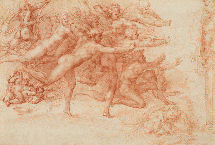 'Archers Shooting at a Herm' by Michelangelo, depicting a group of nude archers in red chalk