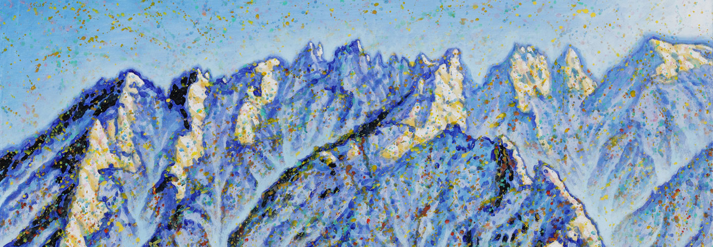 Detail view of a painting by Shin Jangshik depicting the Diamond Mountains in blue, grey, and white tones