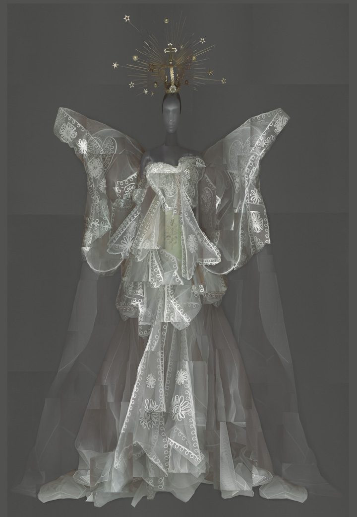 John Galliano evening ensemble inspired by an angel's white robes and glowing halo