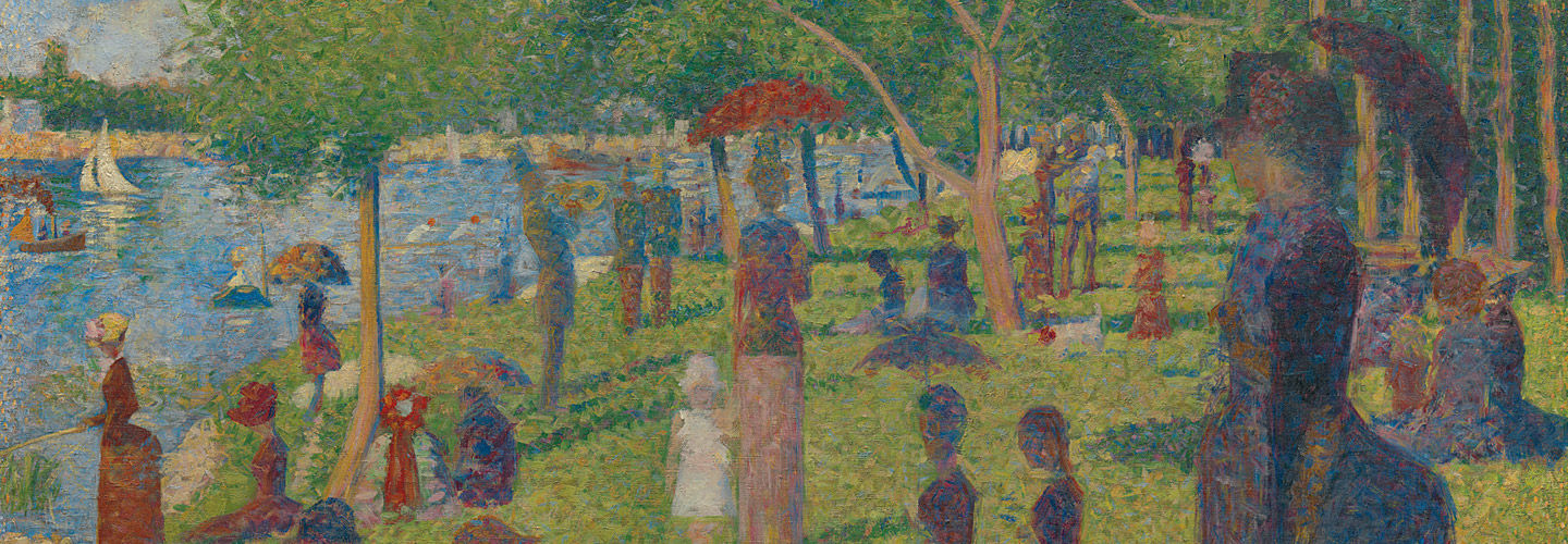 Detail view of Georges Seurat's study for "A Sunday on La Grande Jatte," a depiction of nineteenth-century Parisians enjoying a bucolic afternoon along a body of water