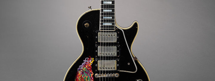 A detail view of Keith Richards' painted Gibson Les Paul Custom guitar